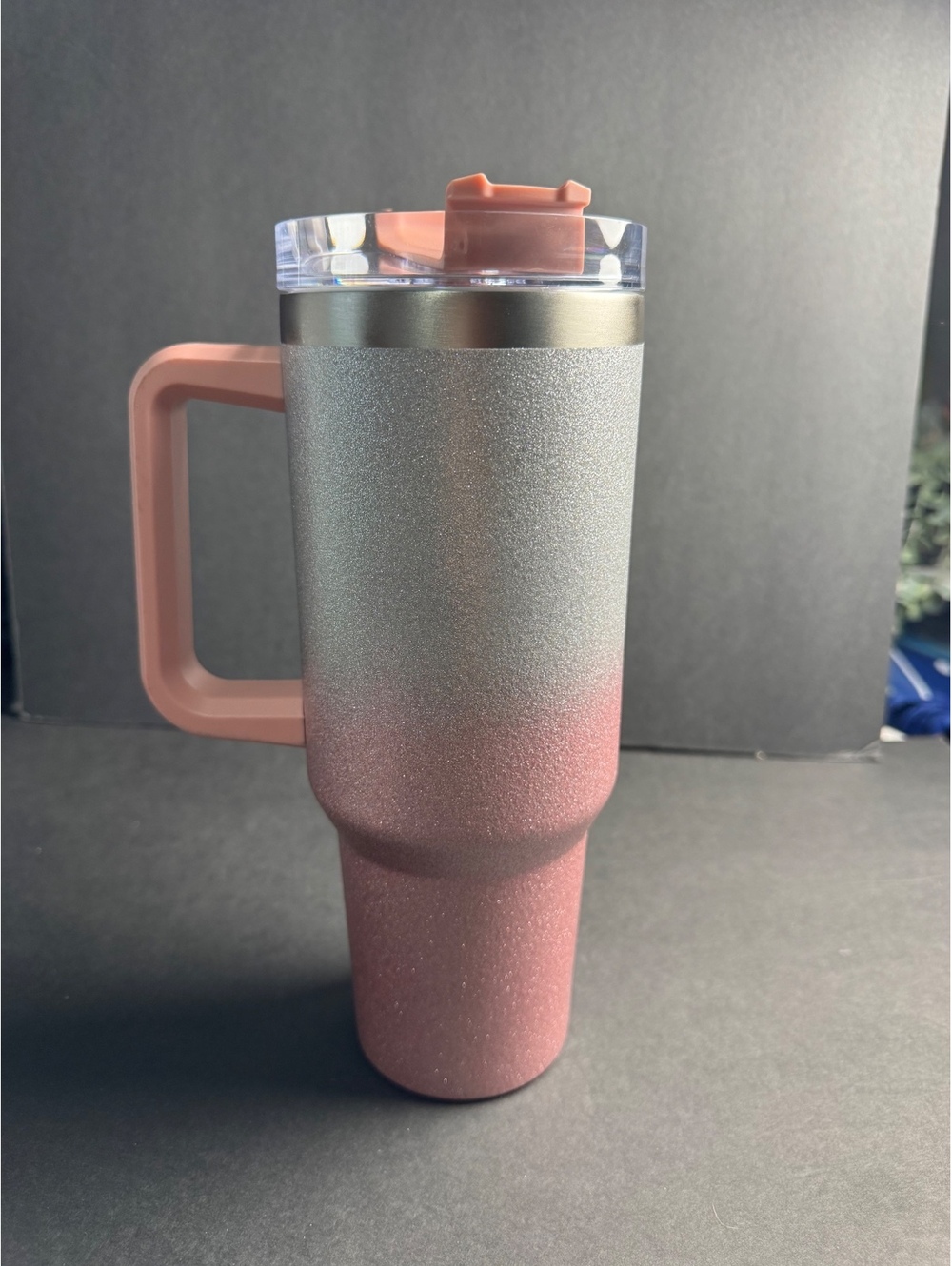 Pink and Silver Gradient Travel Mug with Handle and Lid